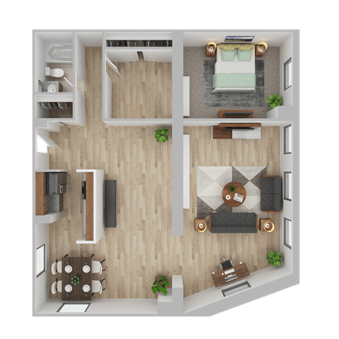 Floor plan for 1 bed, 1 bath, 1000 sqft
